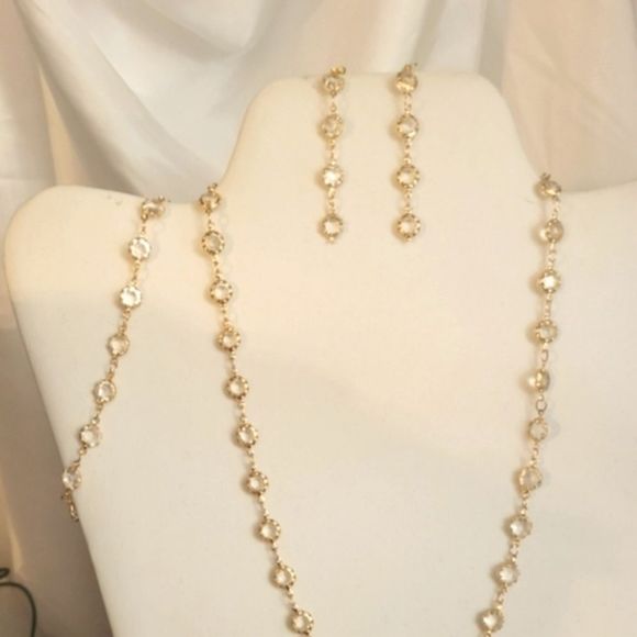 Hand Crafted Jewelry - HANDMADE 4 PC SET GOLD CRYSTAL STATION NECKLACE BRACELET & EARRINGS.